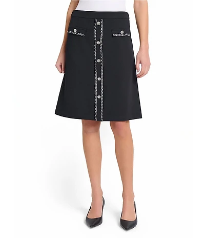 Ming Wang Deco Crepe Chain Trim A-Line Skirt