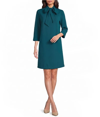 Ming Wang Deco Crepe Tie Mock Neck 3/4 Sleeve A-Line Dress