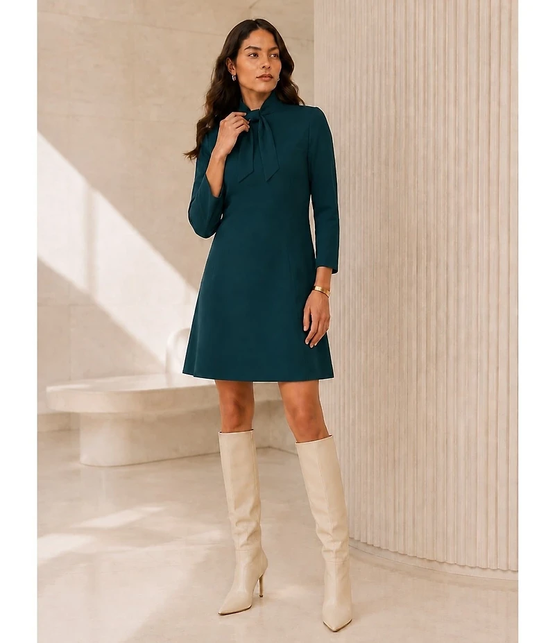 Ming Wang Deco Crepe Tie Mock Neck 3/4 Sleeve A-Line Dress