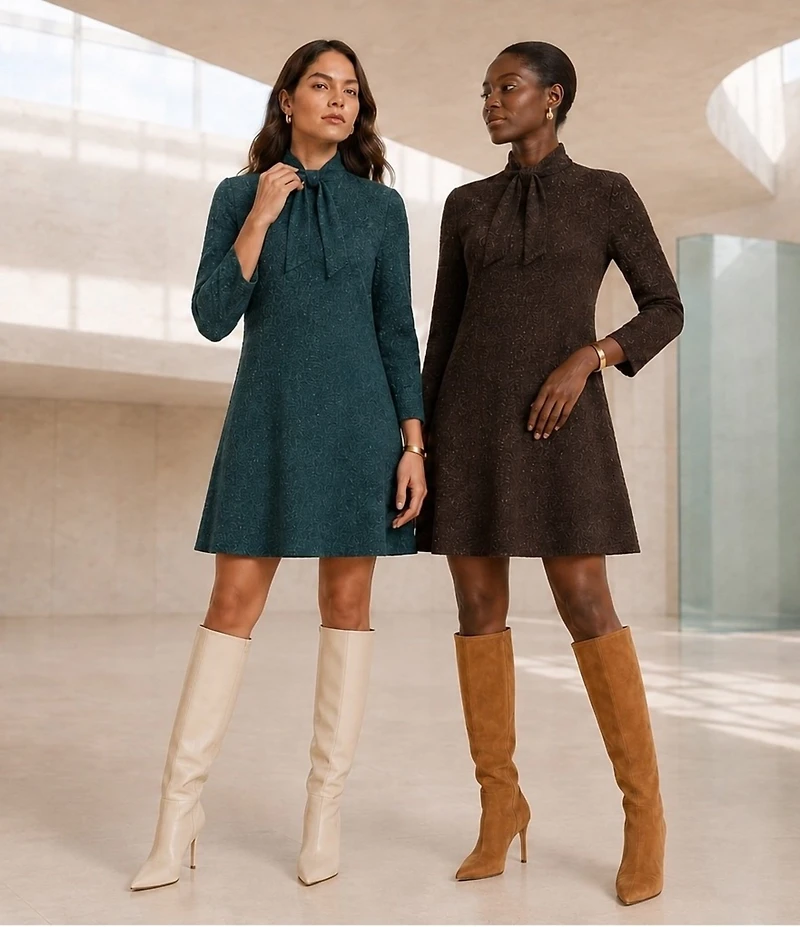 Ming Wang Deco Crepe Tie Mock Neck 3/4 Sleeve A-Line Dress
