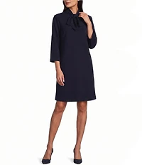 Ming Wang Deco Crepe Tie Mock Neck 3/4 Sleeve A-Line Dress