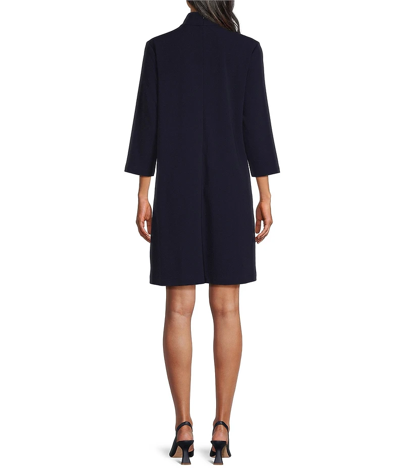 Ming Wang Deco Crepe Tie Mock Neck 3/4 Sleeve A-Line Dress