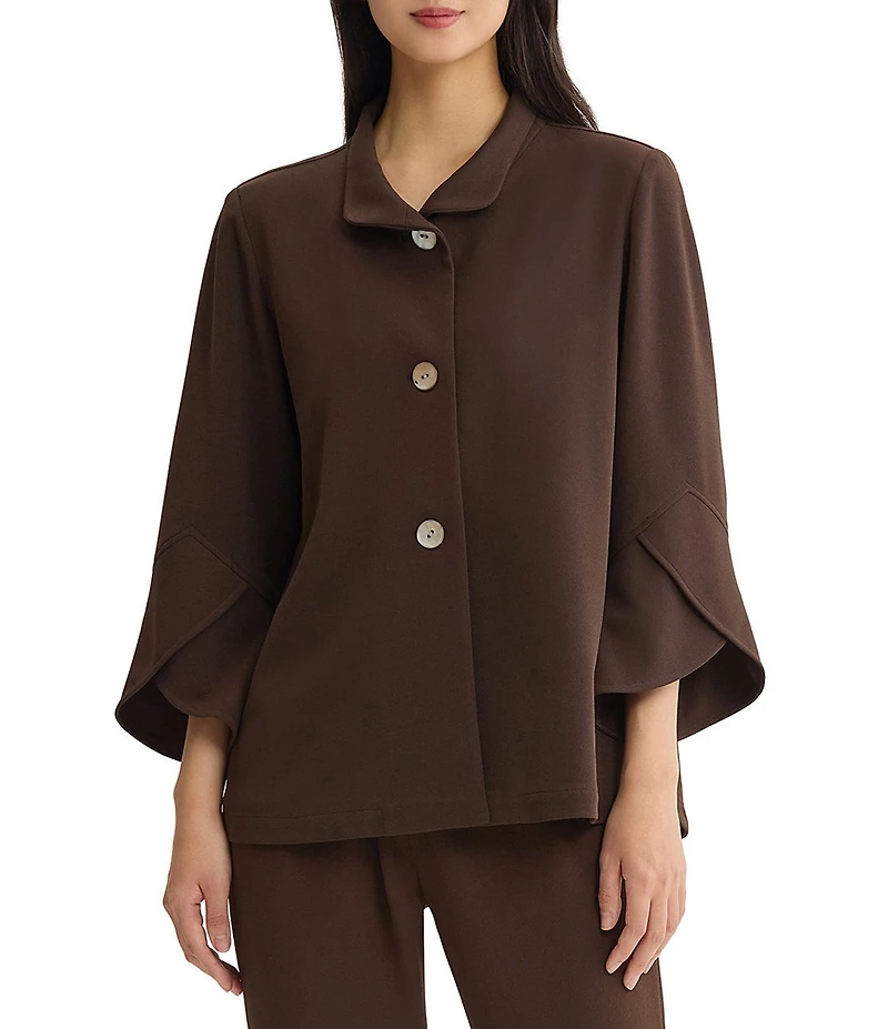 Ming Wang Deco Crepe Winged Collar Bell Sleeve Button Front Jacket