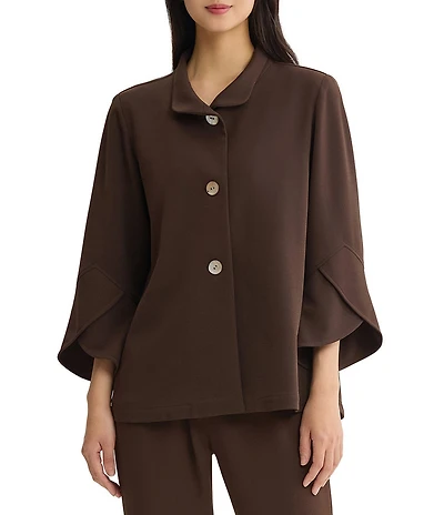 Ming Wang Deco Crepe Winged Collar Bell Sleeve Button Front Jacket