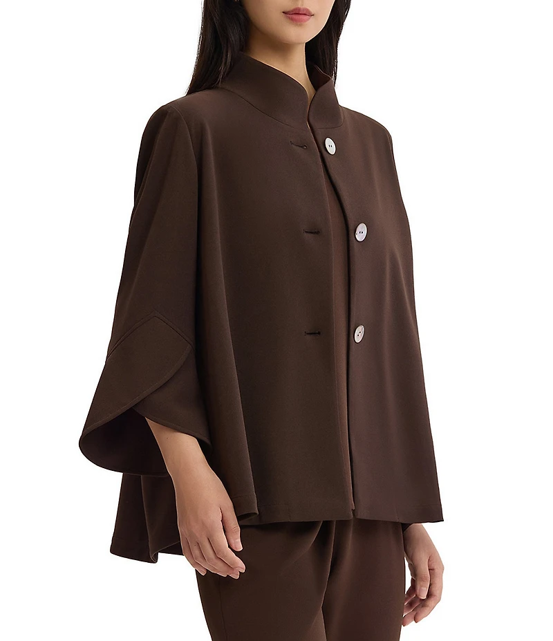 Ming Wang Deco Crepe Winged Collar Bell Sleeve Button Front Jacket