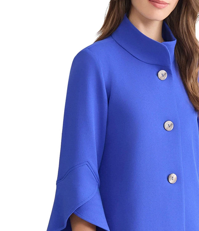 Ming Wang Deco Crepe Winged Collar Bell Sleeve Button Front Jacket