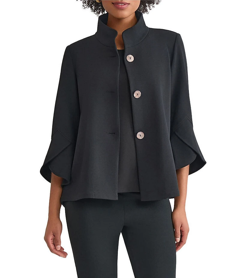 Ming Wang Deco Crepe Winged Collar Bell Sleeve Button Front Jacket