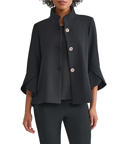 Ming Wang Deco Crepe Winged Collar Bell Sleeve Button Front Jacket