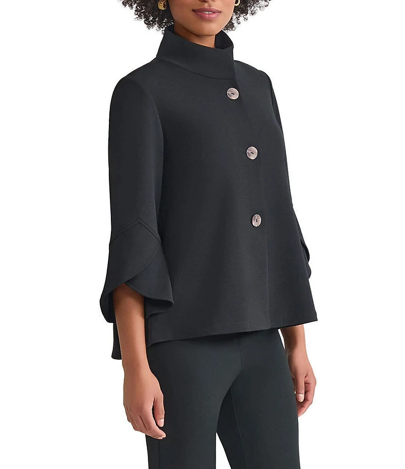 Ming Wang Deco Crepe Winged Collar Bell Sleeve Button Front Jacket