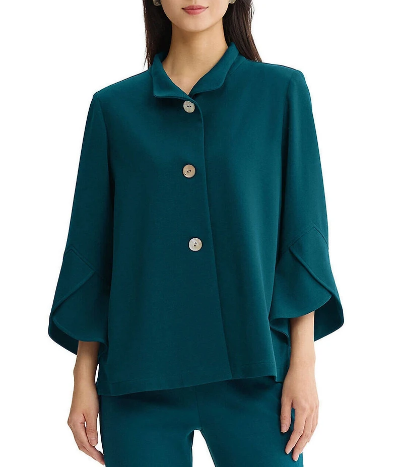 Ming Wang Deco Crepe Winged Collar Bell Sleeve Button Front Jacket
