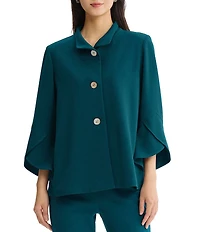 Ming Wang Deco Crepe Winged Collar Bell Sleeve Button Front Jacket