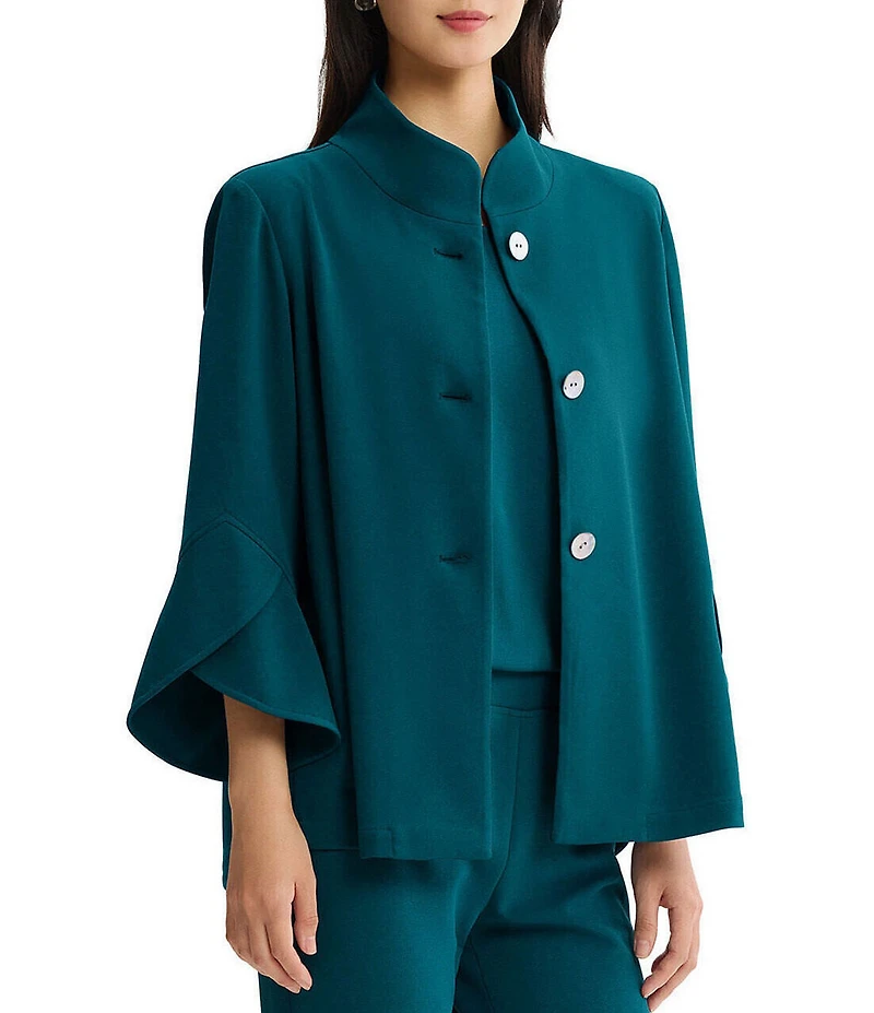 Ming Wang Deco Crepe Winged Collar Bell Sleeve Button Front Jacket