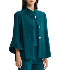 Ming Wang Deco Crepe Winged Collar Bell Sleeve Button Front Jacket