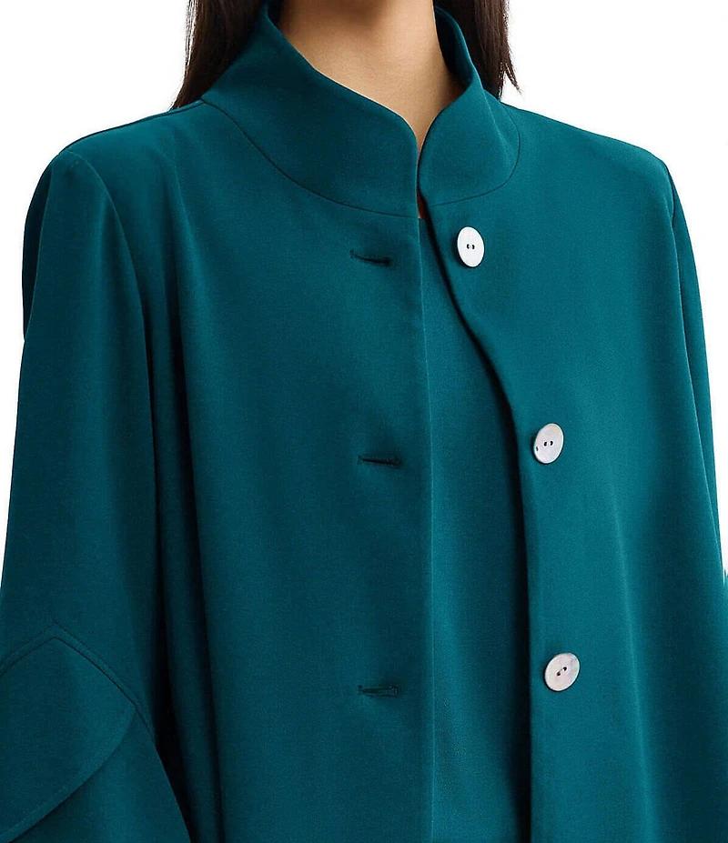 Ming Wang Deco Crepe Winged Collar Bell Sleeve Button Front Jacket