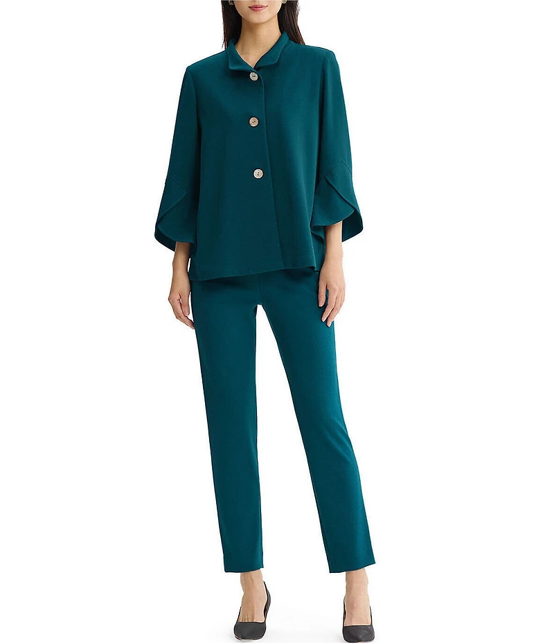 Ming Wang Deco Crepe Winged Collar Bell Sleeve Button Front Jacket