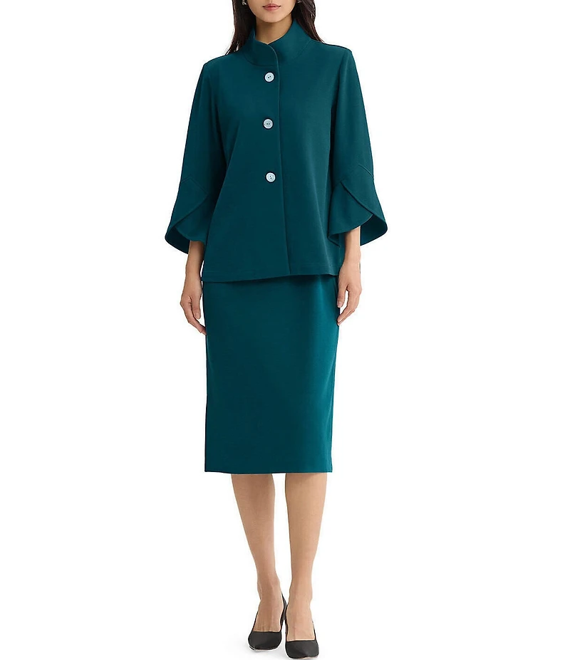 Ming Wang Deco Crepe Winged Collar Bell Sleeve Button Front Jacket