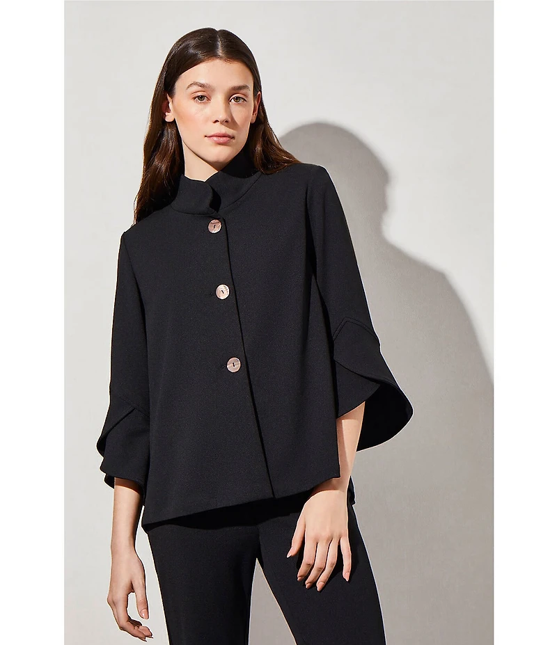 Ming Wang Deco Crepe Woven Stand Collar 3/4 Sleeve Button Front Statement Jacket