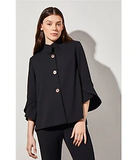 Ming Wang Deco Crepe Woven Stand Collar 3/4 Sleeve Button Front Statement Jacket