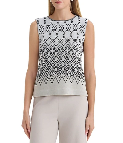 Ming Wang Diamond Jacquard Knit Crew Neck Sleeveless Tank