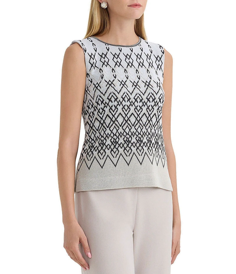 Ming Wang Diamond Jacquard Knit Crew Neck Sleeveless Tank