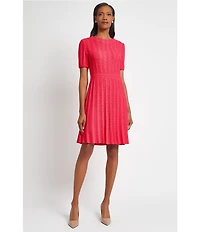 Ming Wang Diamond Pointelle Knit Round Neck Short Sleeve Fit-And-Flare Dress
