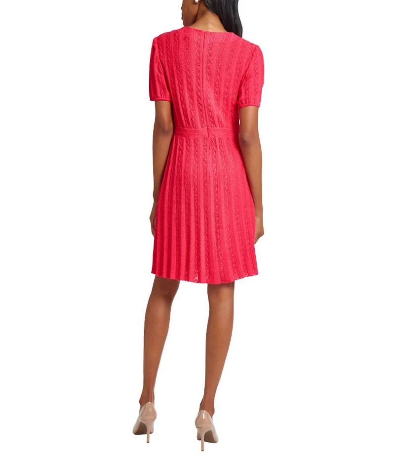 Ming Wang Diamond Pointelle Knit Round Neck Short Sleeve Fit-And-Flare Dress