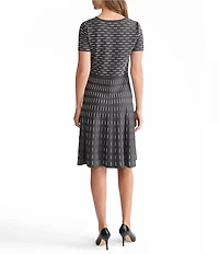 Ming Wang Digital Dash Soft Knit Round Neck Short Sleeve Fit-And-Flare Dress