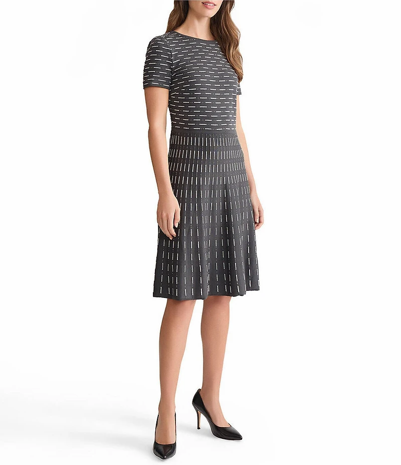 Ming Wang Digital Dash Soft Knit Round Neck Short Sleeve Fit-And-Flare Dress