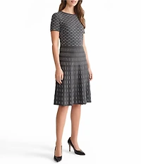 Ming Wang Digital Dash Soft Knit Round Neck Short Sleeve Fit-And-Flare Dress
