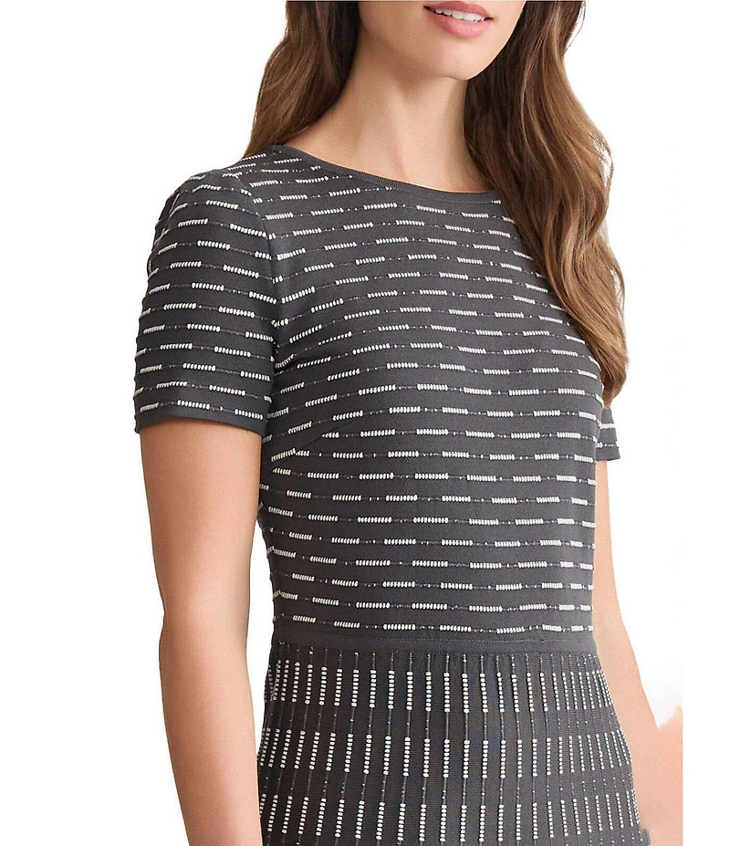 Ming Wang Digital Dash Soft Knit Round Neck Short Sleeve Fit-And-Flare Dress