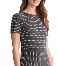 Ming Wang Digital Dash Soft Knit Round Neck Short Sleeve Fit-And-Flare Dress