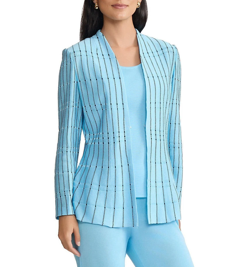 Ming Wang Dotted Stripe Knit Modified Mandarin V-Neck Long Sleeve Peplum Jacket