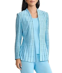 Ming Wang Dotted Stripe Knit Modified Mandarin V-Neck Long Sleeve Peplum Jacket