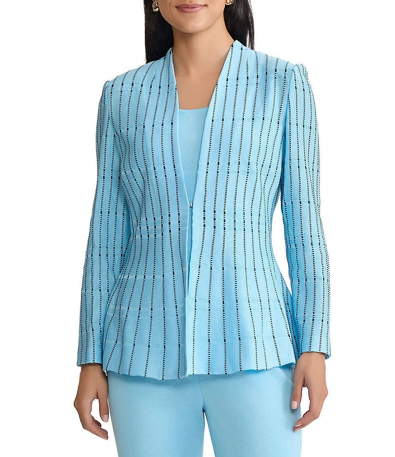 Ming Wang Dotted Stripe Knit Modified Mandarin V-Neck Long Sleeve Peplum Jacket