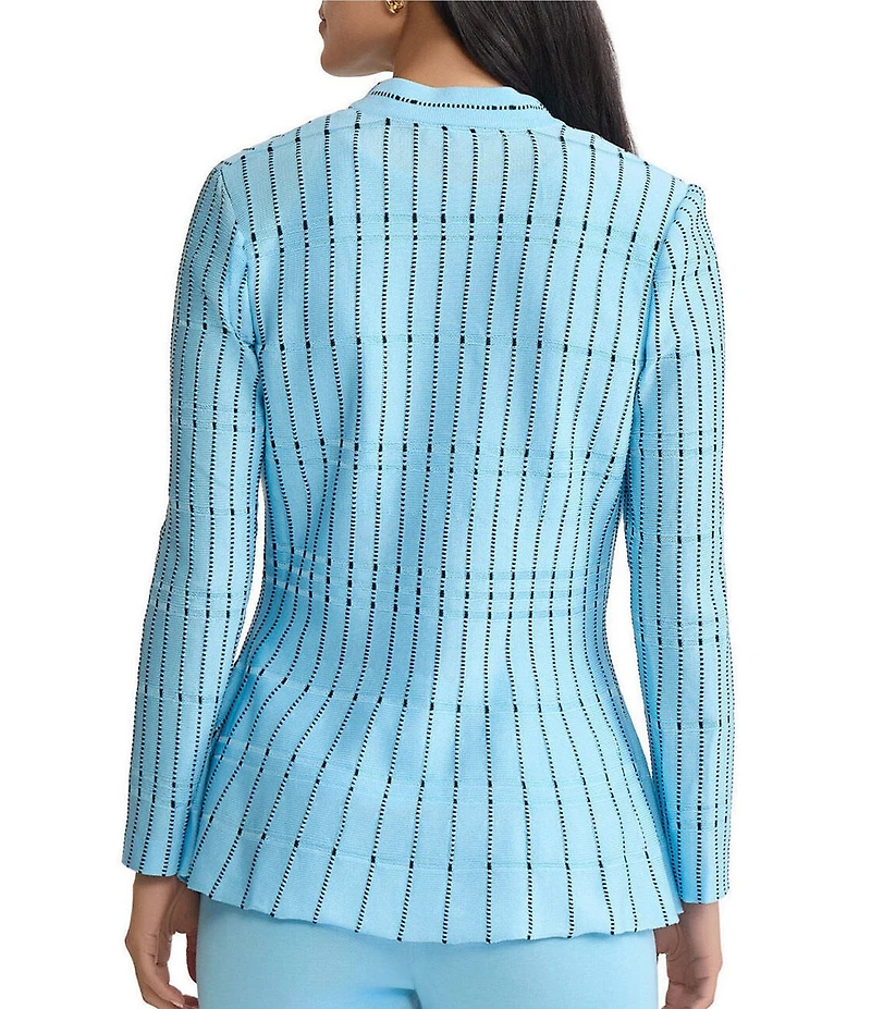 Ming Wang Dotted Stripe Knit Modified Mandarin V-Neck Long Sleeve Peplum Jacket