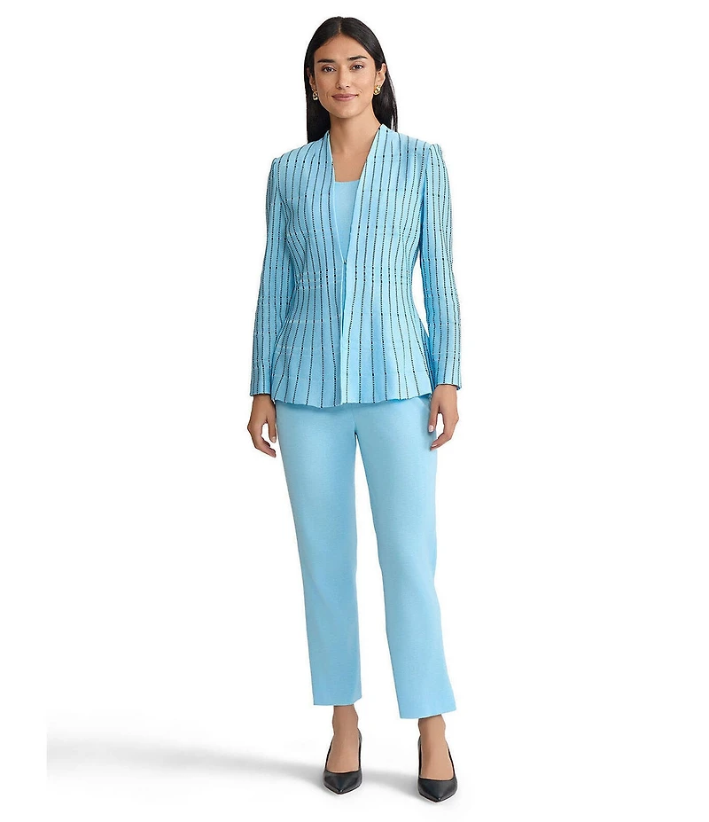 Ming Wang Dotted Stripe Knit Modified Mandarin V-Neck Long Sleeve Peplum Jacket