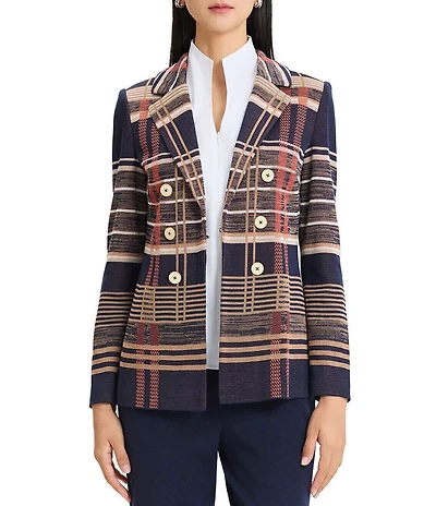 Ming Wang Double Breasted Plaid Notch Lapel Collar Long Sleeve Jacket