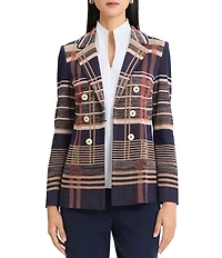 Ming Wang Double Breasted Plaid Notch Lapel Collar Long Sleeve Jacket