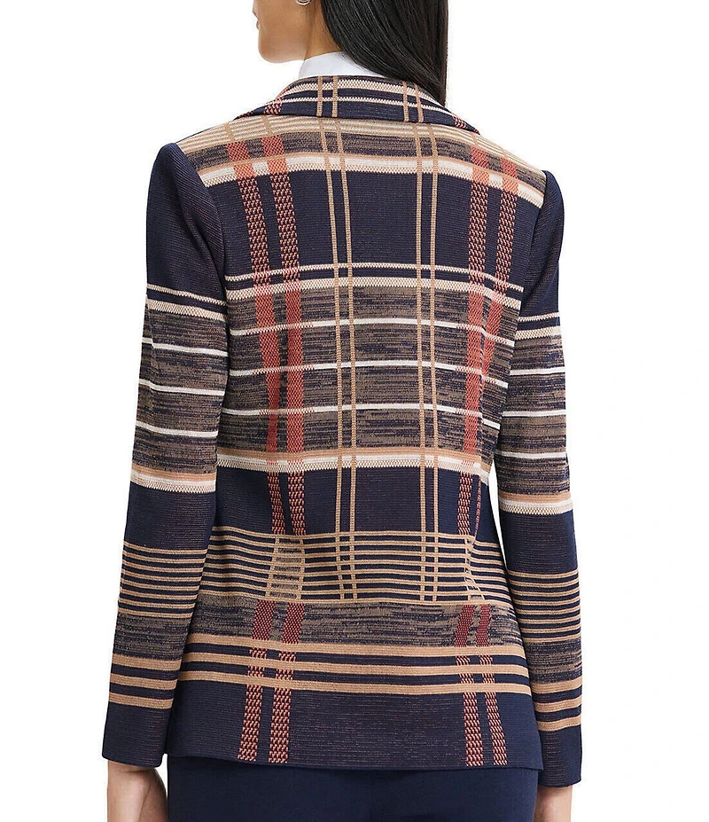 Ming Wang Double Breasted Plaid Notch Lapel Collar Long Sleeve Jacket