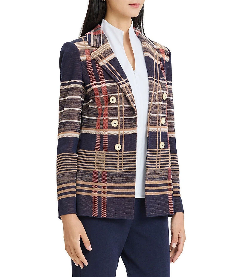 Ming Wang Double Breasted Plaid Notch Lapel Collar Long Sleeve Jacket