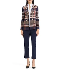 Ming Wang Double Breasted Plaid Notch Lapel Collar Long Sleeve Jacket