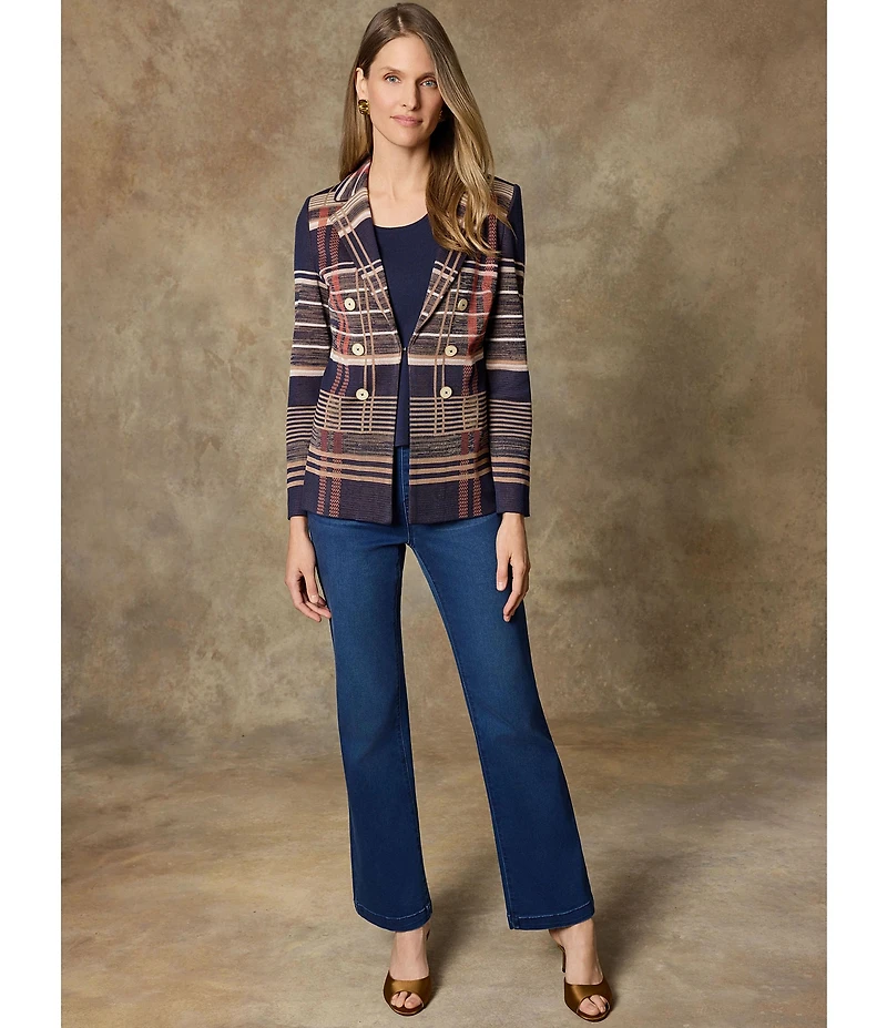 Ming Wang Double Breasted Plaid Notch Lapel Collar Long Sleeve Jacket