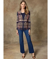 Ming Wang Double Breasted Plaid Notch Lapel Collar Long Sleeve Jacket