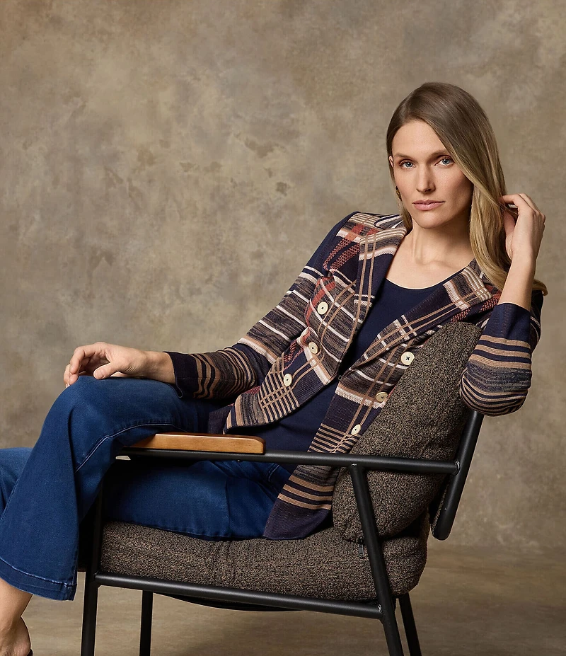 Ming Wang Double Breasted Plaid Notch Lapel Collar Long Sleeve Jacket