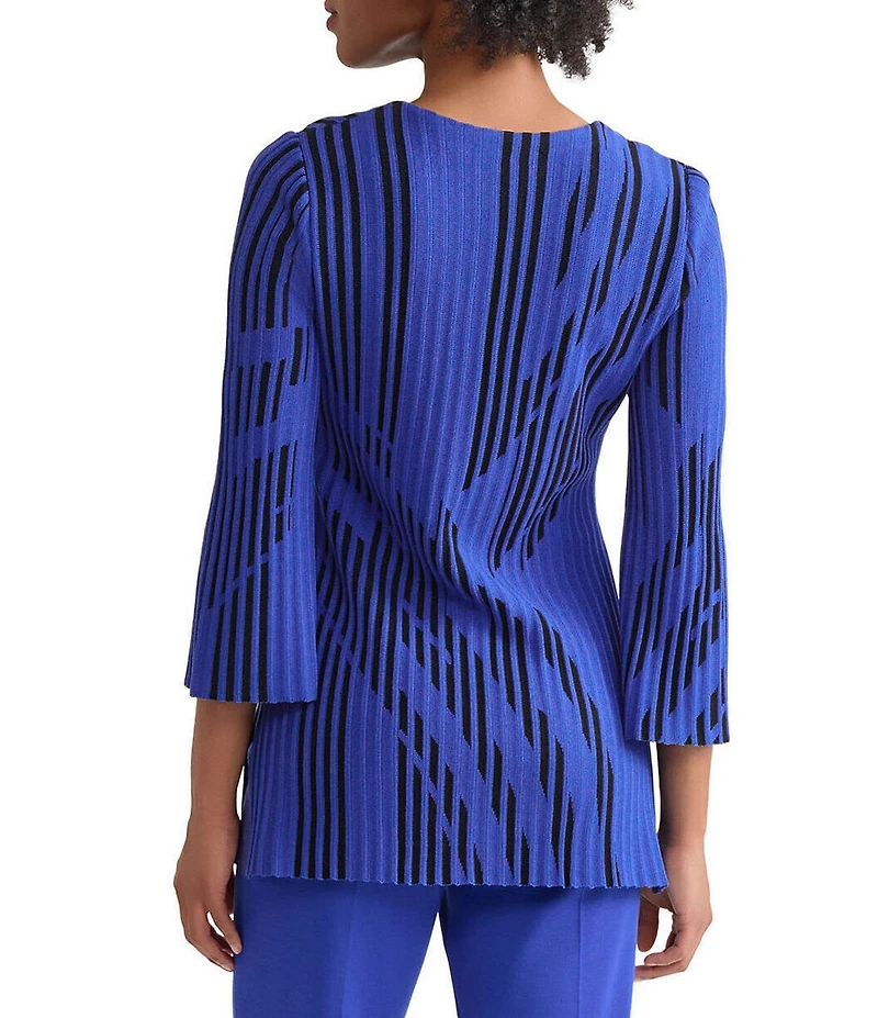 Ming Wang Dual-Tone Soft Knit Split V-Neck 3/4 Sleeve Tunic