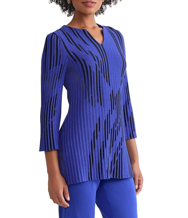 Ming Wang Dual-Tone Soft Knit Split V-Neck 3/4 Sleeve Tunic