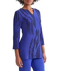 Ming Wang Dual-Tone Soft Knit Split V-Neck 3/4 Sleeve Tunic