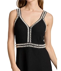 Ming Wang Embellished Deep V-Neck Sleeveless A-Line Midi Dress
