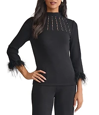 Ming Wang Embellished Soft Knit High Neck 3/4 Feather Trim Top