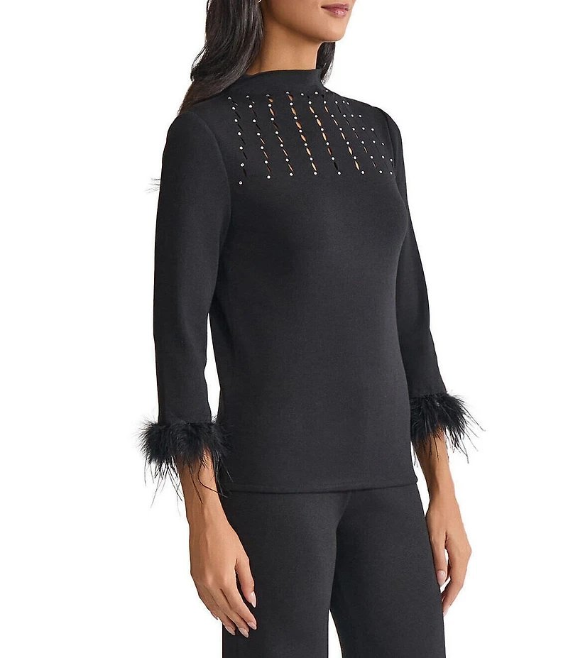 Ming Wang Embellished Soft Knit High Neck 3/4 Feather Trim Top